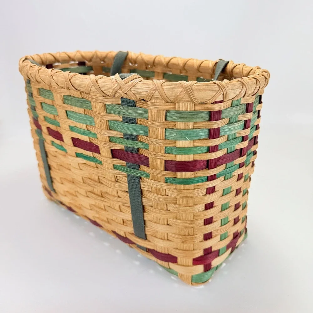 Vintage Woven Wicker Basket with Cloth Handles Tan Green Burgundy